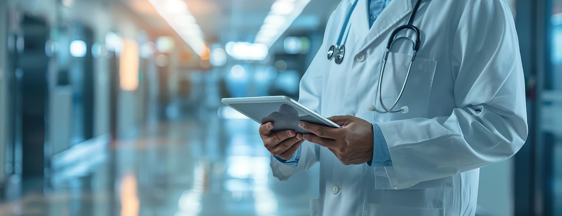 Médico consultando escala em tablet no corredor do hospital